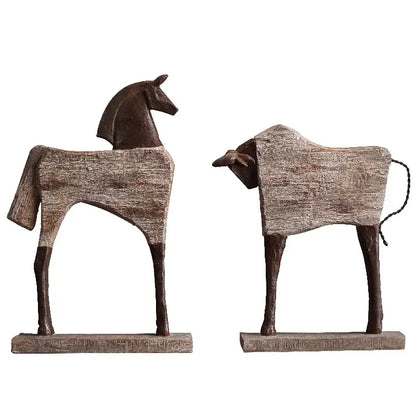 Two rustic wood grain horse sculptures with weathered brown and gray finishes for living room decorbites horse sculpture