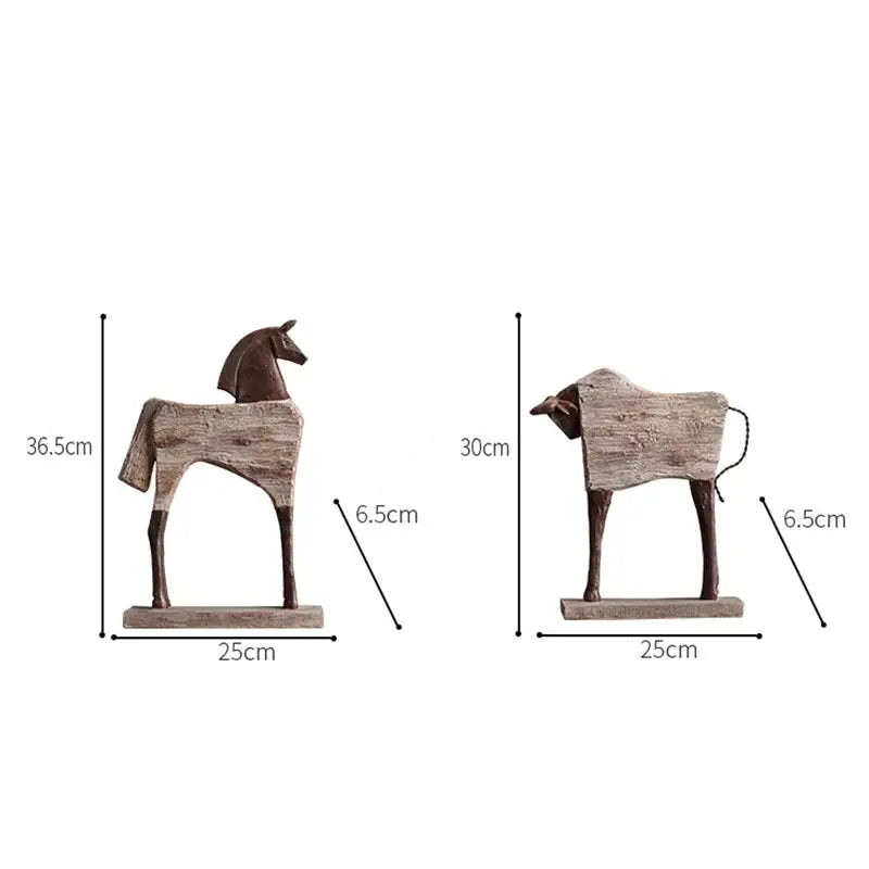 Rustic wood grain horse sculpture and cow figurines with weathered gray brown finish for living room decorbites horse sculpture