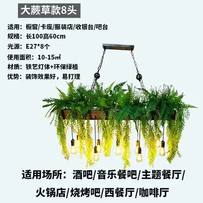 Rustic wood hanging chandelier with green ferns and edison bulbs ideal for dining room or bar hanging chandeliers