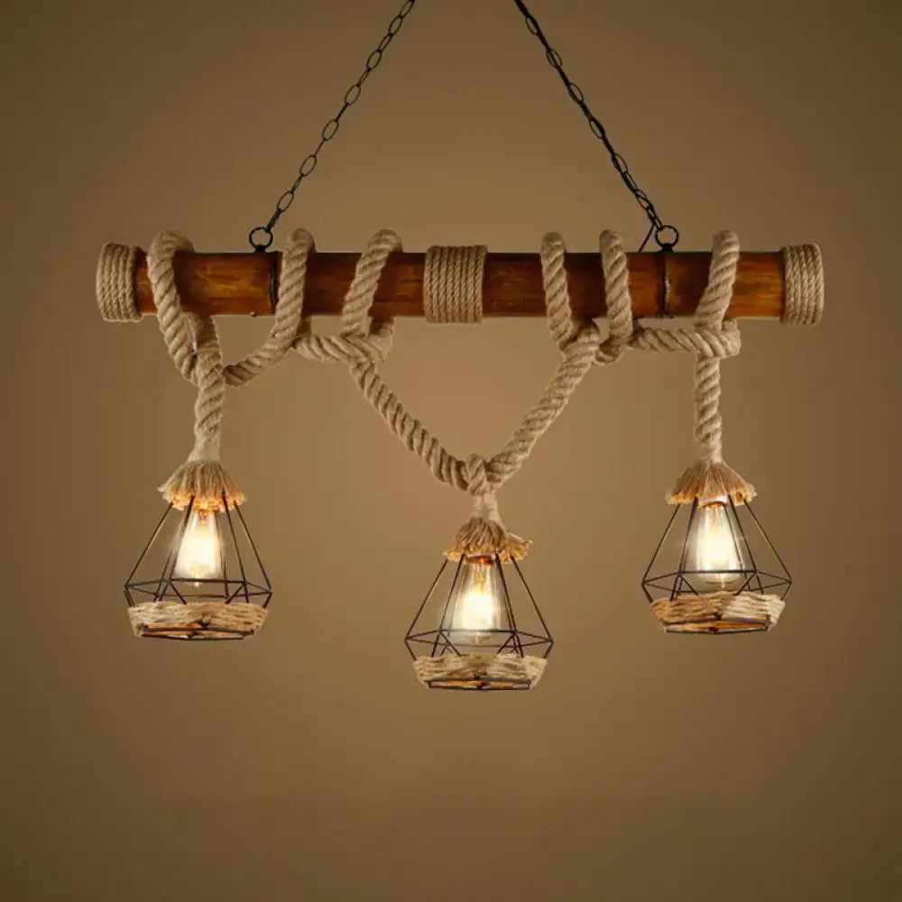 Rustic wooden beam and beige rope 3 light island pendant kitchen light with three wire cage lanterns and warm bulbs
