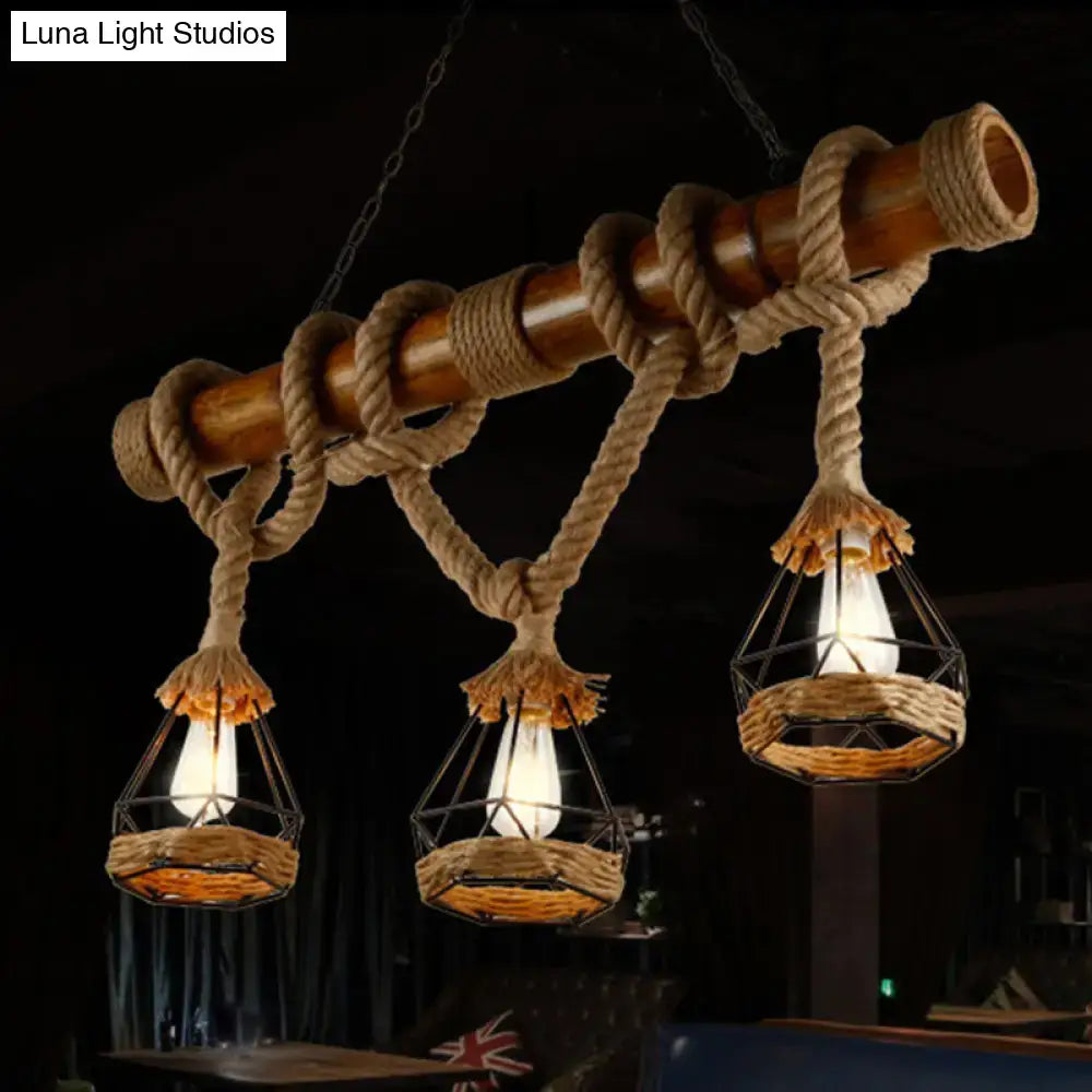 Rustic wooden beam island pendant kitchen light with beige rope ties and woven wicker lanterns in natural bamboo