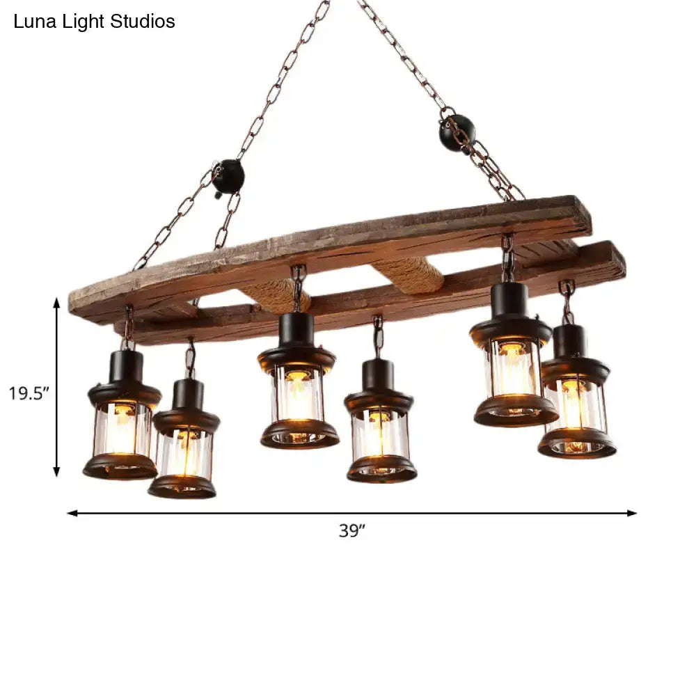 Decorbites™ rustic 6-light pendant lantern with clear glass panels, black metal frames, and wooden board, 220v-240v 110v-120v compatible
