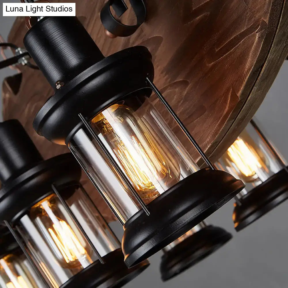 Decorbites™ country style black metal 6-bulb glass lantern pendant light with wooden fish decor and e26 e27 bulbs