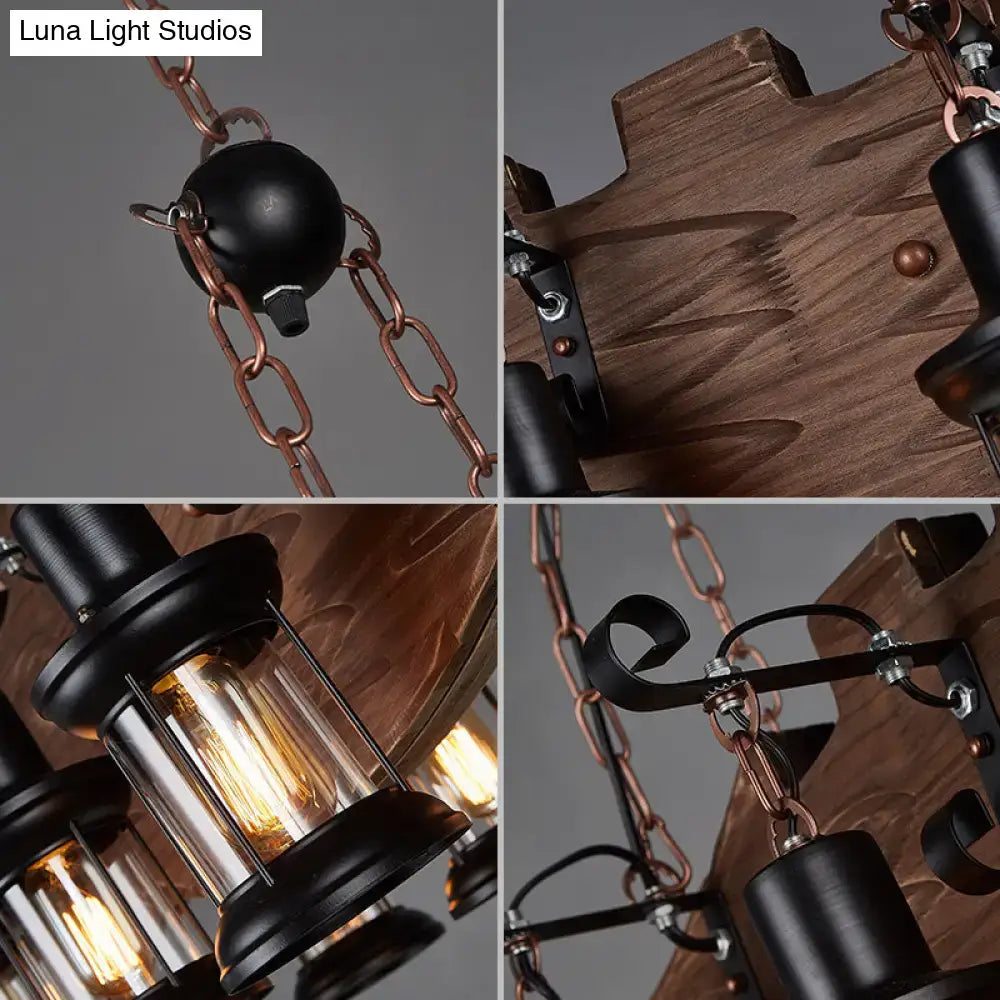 Industrial style wooden ceiling light fixture with black metal lanterns copper chains and wooden fish e26 e27 sockets