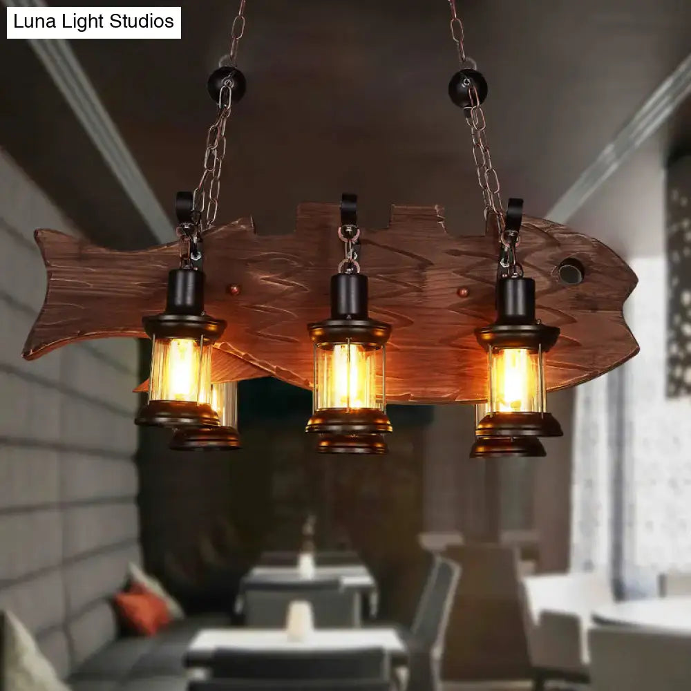 Rustic wooden fish pendant light with three black glass lantern bulbs compatible with e26 e27 sockets by DecorBites
