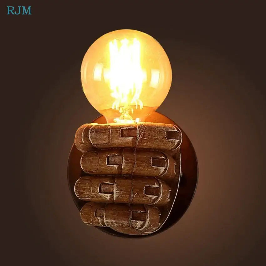 Rjm rustic wooden hand model wall lamp featuring a vintage illuminated bulb for living room wall lamps