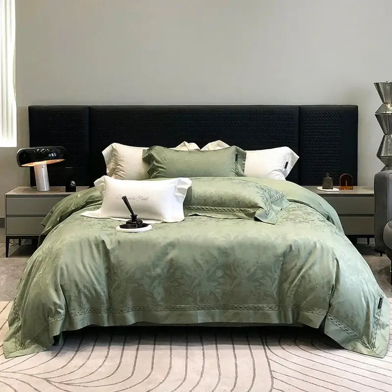 Elegant sage green 1000tc lyocell cotton bedding set with floral embroidery and delicate lace trim by decorbites