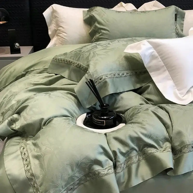 Luxury sage green bedding set featuring intricate floral lace trim made from decorbites 1000tc lyocell cotton