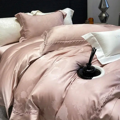 Pink satin bedding set with floral embroidery and lace trim featuring decorbites 1000tc lyocell cotton material