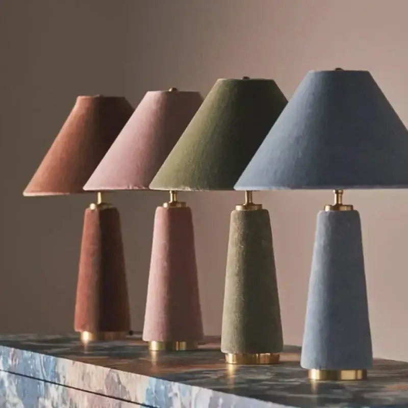 Four cone-shaped floor lamps with sage green cotton velvet shades and gold-finished bases for living room decorbites cotton velvet