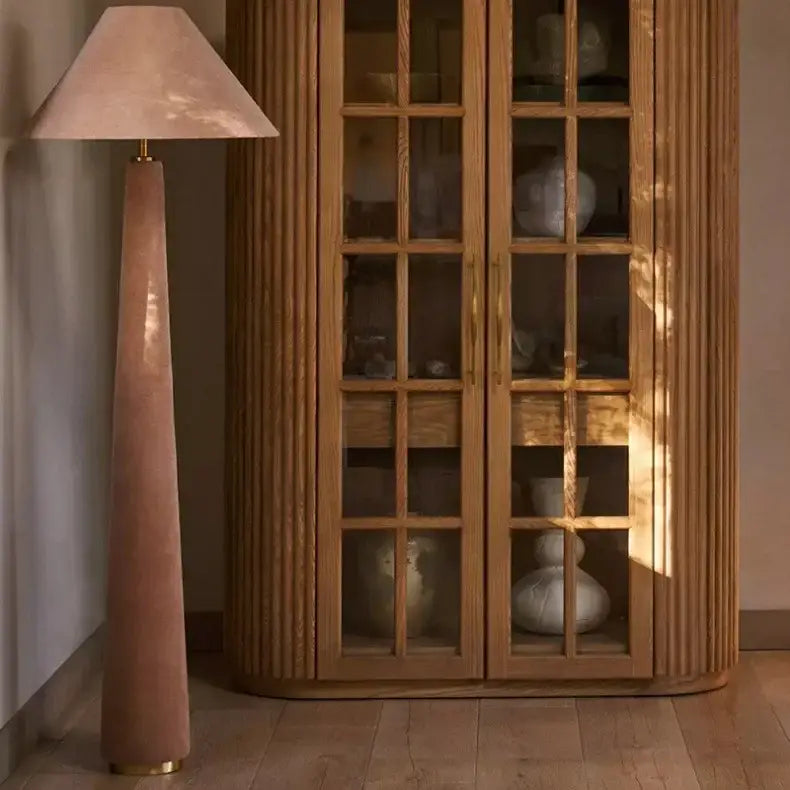 Tall slender floor lamp with a soft pink cotton velvet shade and gold-toned base for living room decorbites cotton velvet