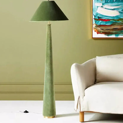 Tall slender sage green cotton velvet floor lamp with matching tapered base for living room decorbites cotton velvet