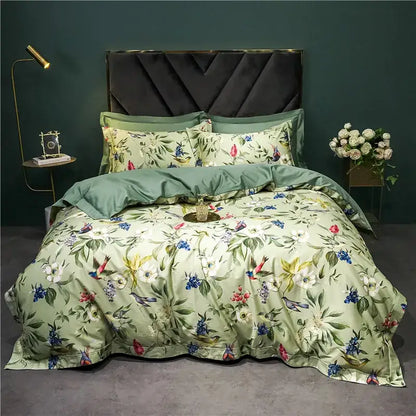 Sage green and cream bird floral bedding set in soft satin 1400tc Egyptian cotton by decorbites for bedroom use