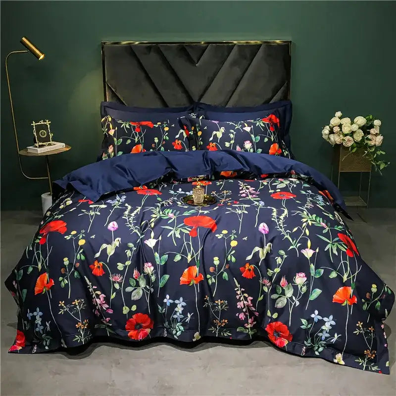 Navy blue floral duvet cover set with vibrant red pink and white blossoms in decorbites 1400tc egyptian cotton bedding set