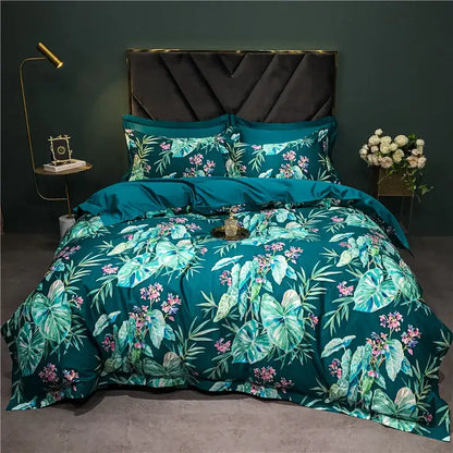 Teal tropical leaf and pink flower patterned bedding set in satin-like fabric from decorbites 1400tc egyptian cotton collection
