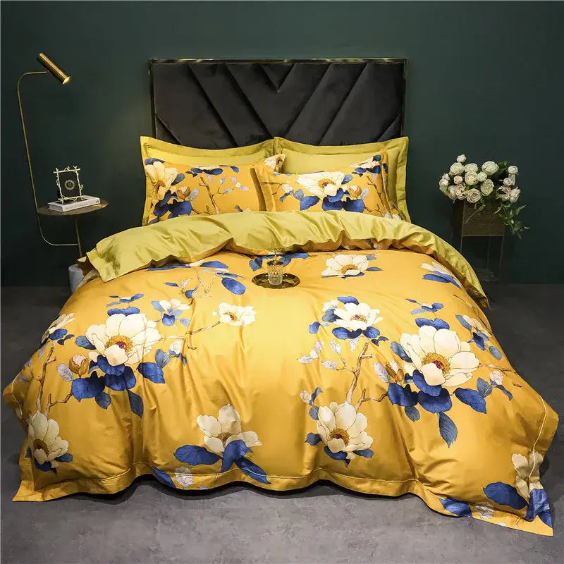 Yellow floral duvet set with white and blue blossoms on satin fabric from sage green cream decorbites 1400tc egyptian cotton bedding set
