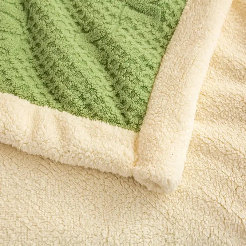 Soft green and cream sherpa blanket with quilted pattern featuring decorbites cozy warmth velvet autumn design