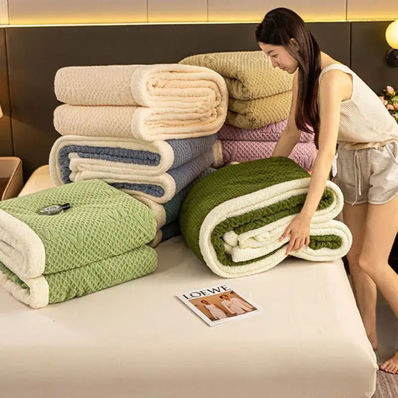 Stack of sage green and cream cozy warmth velvet autumn sleep blankets with plush textured fleece interior