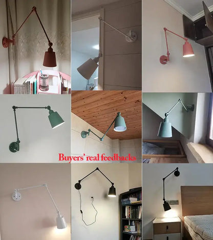 Sage green and dusty rose decorbites adjustable telescopic wall lamp with matte metal arm and colorful conical shade for bedroom