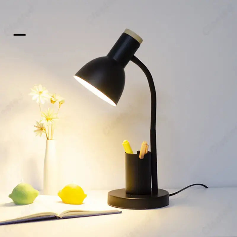 Black metal desk lamp with curved neck and integrated pen holder by decorbites cute nordic for bedroom use