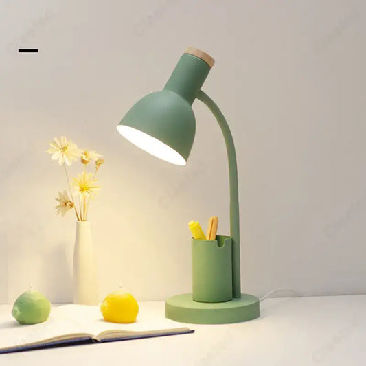 Sleek matte sage green nordic desk lamp with curved neck wooden top and pen holder decorbites cute nordic bedroom decor