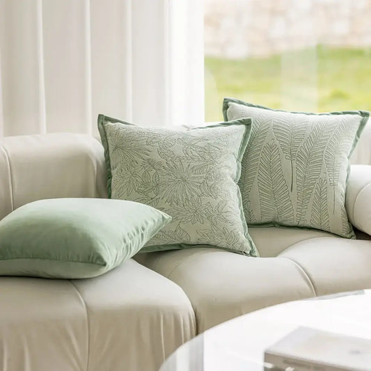 Soft sage green velvet pillow covers with delicate embroidered leaf patterns and matching piping for living room decorbites green plant jacquard decor