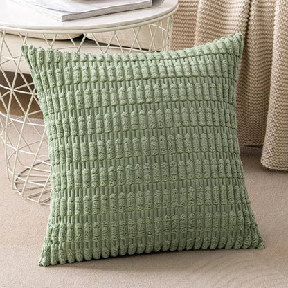 Soft sage green ribbed corduroy throw pillow cover with raised woven pattern for living room decor