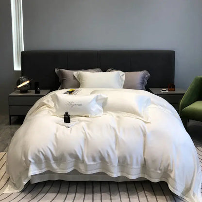 White satin cream bedding set with delicate embroidery edges made from decorbites 1000tc lyocell fibre