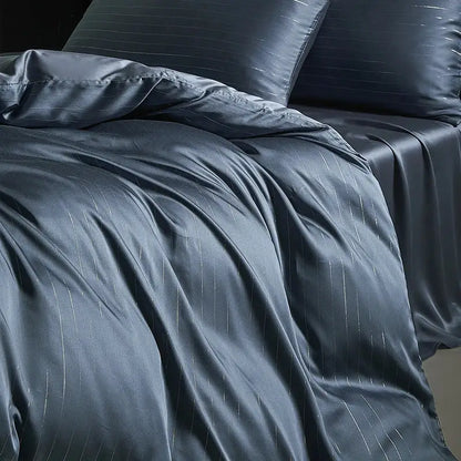 Dark gray satin duvet cover with subtle vertical pinstripes in bedding set for elegant bedroom decor