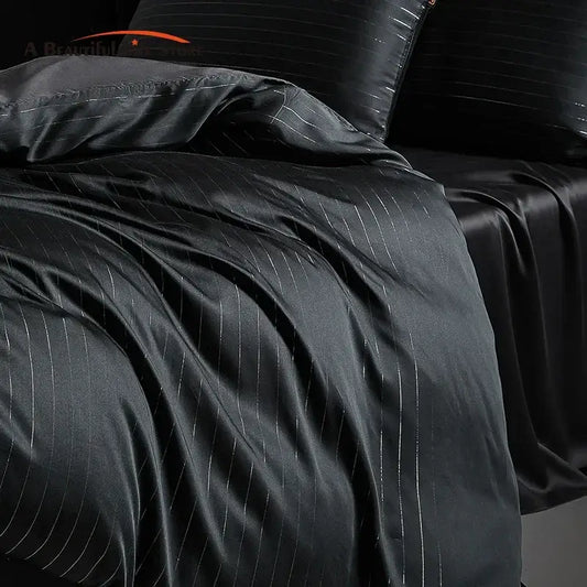 Dark gray satin duvet cover with subtle silver pinstripes bedding set for elegant bedroom decor