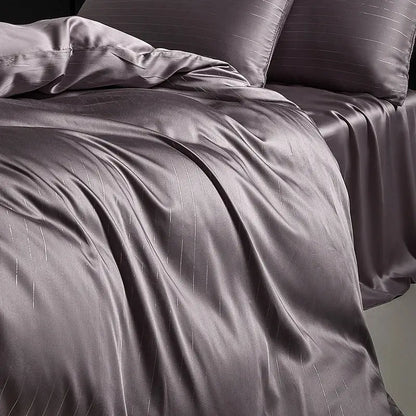 Silk-like gray satin dark gray duvet cover with subtle silver vertical pinstripes in bedding set design