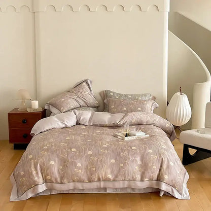 Beige floral satin duvet set with subtle gold embroidery and matching pillowcases in egyptian cotton bedding set