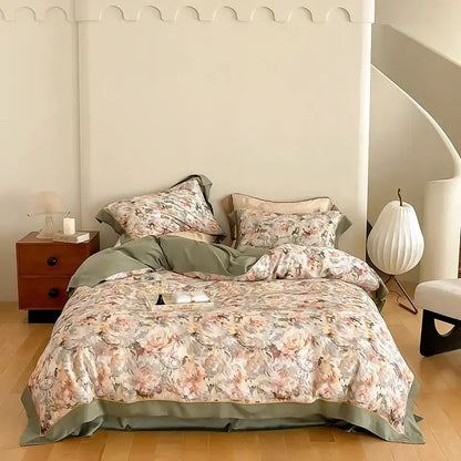 Satin light blue and pink egyptian cotton bedding set with soft floral pattern and sage green accents in a cotton bedding set