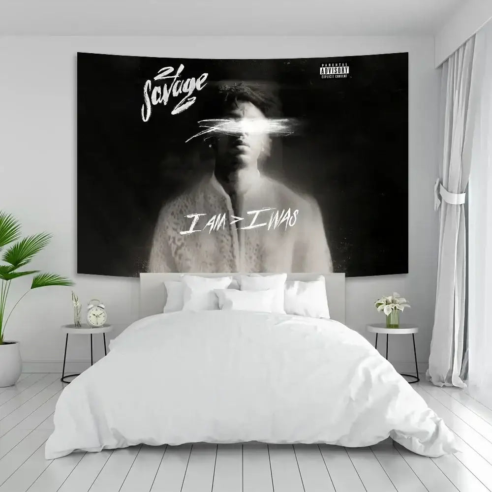 Black and white savage tapestry pop album cover featuring 21 savage stylized portrait for bedroom wall decor