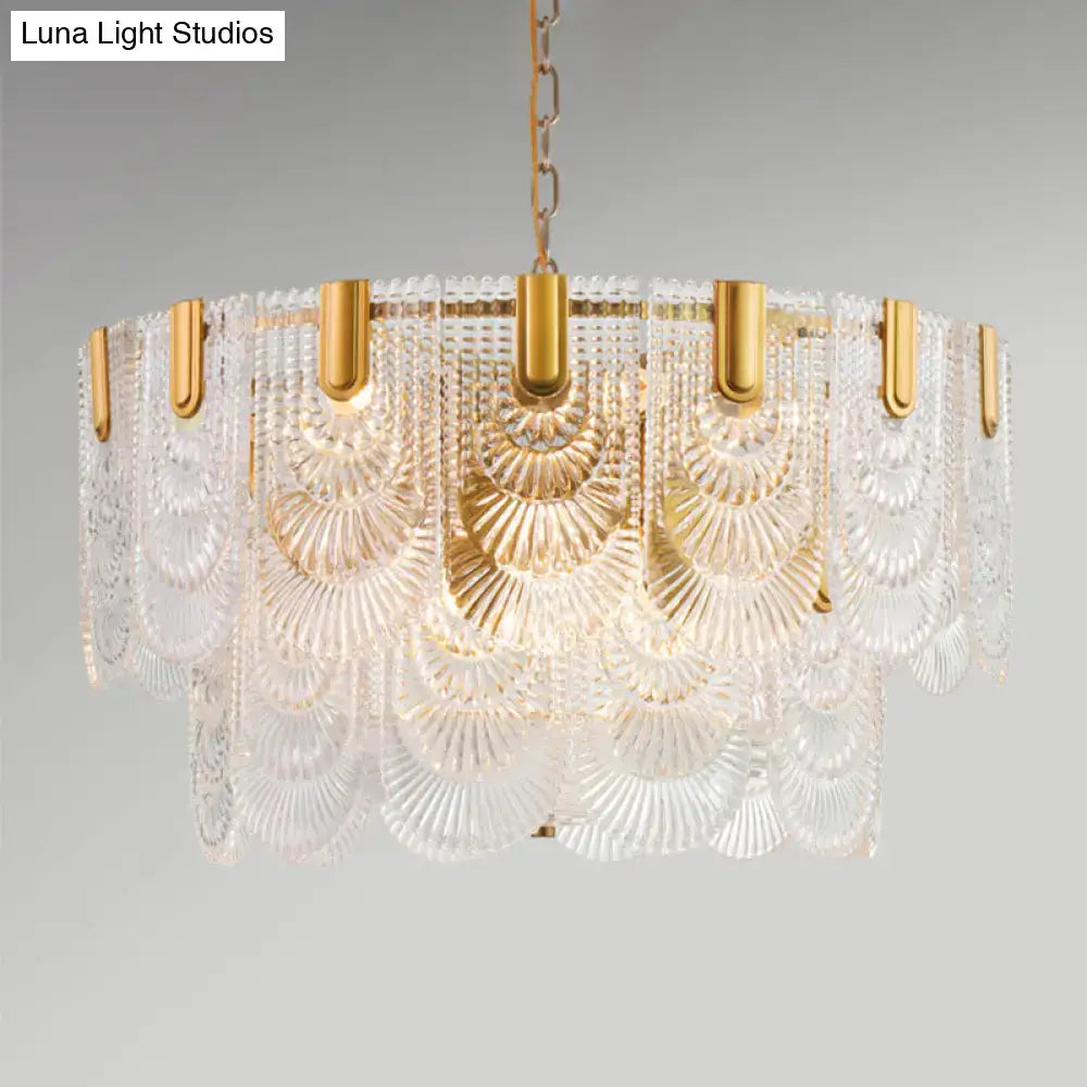 DecorBites scalloped clear textured glass drop lamp chandelier with gold-toned metal accents for dining room lighting
