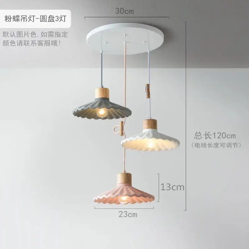 Scalloped pastel led pendant lights butterfly-shaped with wooden accents and adjustable cords for dining room lighting