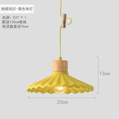 Yellow butterfly-shaped led pendant light with wooden top and yellow cord for dining room pendant lights