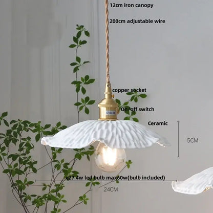 Scalloped white ceramic led pendant lamp with fluted petal design and brass-colored copper socket by decorbites ceramic led pendant