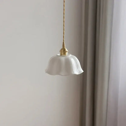 Scalloped white ceramic led pendant lamp with fluted petal shade and brass socket decorbites ceramic led lamp for dining room