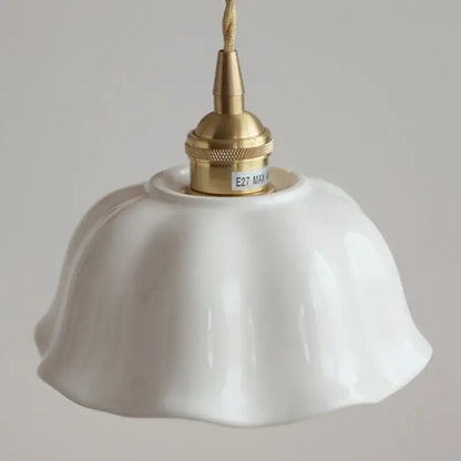 Scalloped white ceramic led pendant lamp with fluted design and brass socket ideal for dining room decorbites ceramic led