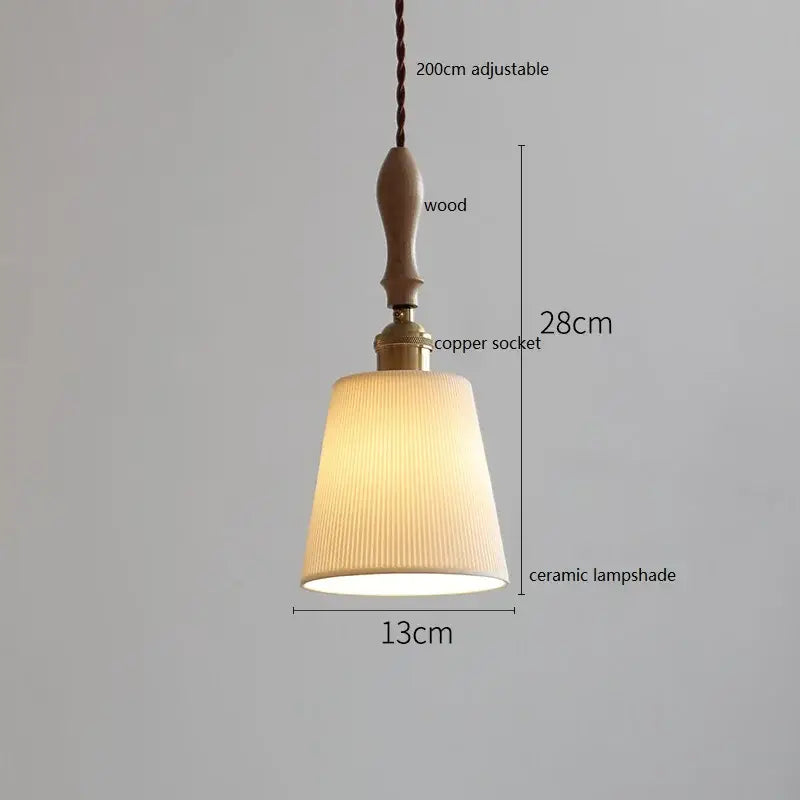 A warm-toned scalloped ceramic led pendant light with vertical pleats hangs from wood and copper for bedroom decorbites ceramic led