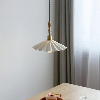 Scalloped white ceramic led pendant light with fluted shade and natural wood handle for bedroom decorbites ceramic led pendant