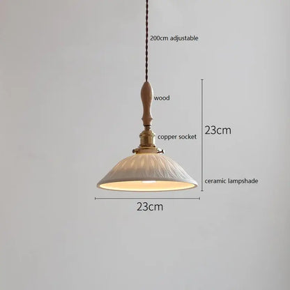 Scalloped white ceramic led pendant light with wooden handle and copper socket for bedroom decorbites ceramic led decor