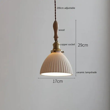 Scalloped white ceramic led pendant light with vertical ridges and wooden handle for dining room decorbites ceramic led