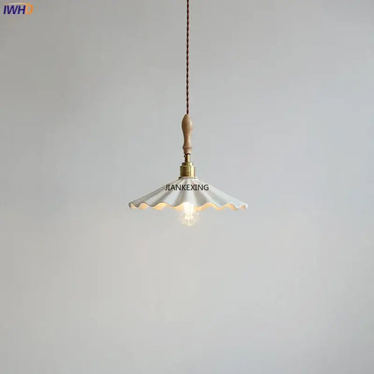 Scalloped white ceramic led pendant light with brass hardware and wooden handle for dining room by decorbites ceramic led pendant