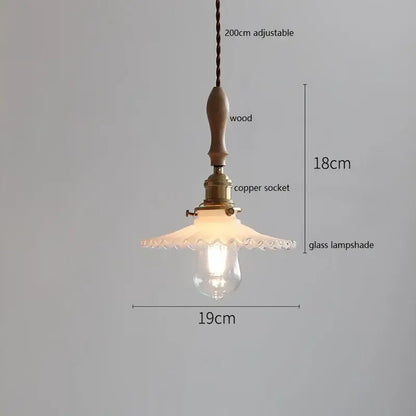 Vintage-style scalloped white ceramic led pendant light with wooden handle and copper socket for dining room decorbites ceramic led