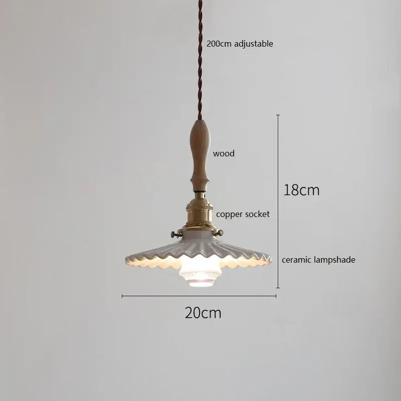 Scalloped white ceramic led pendant light with wooden handle and copper socket ideal for dining room pendant lights decorbites ceramic led