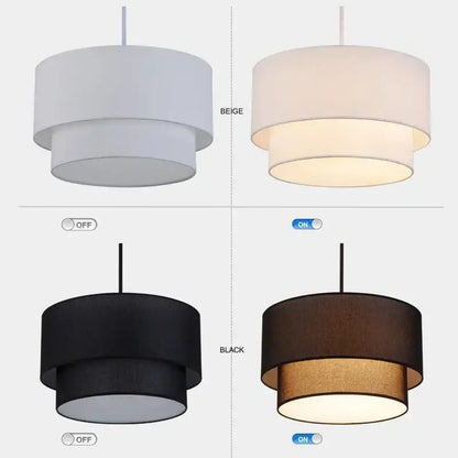 Scandinavian beige double linen fabric pendant light with modern tiered design and warm glow for dining room use