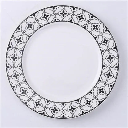 White ceramic dessert plate with delicate black geometric pattern rim for decorbites ceramic dessert plates collection