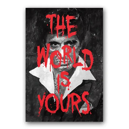 Black-and-white tony montana canvas wall art print with bold red graffiti text the world is yours decorbites wall art